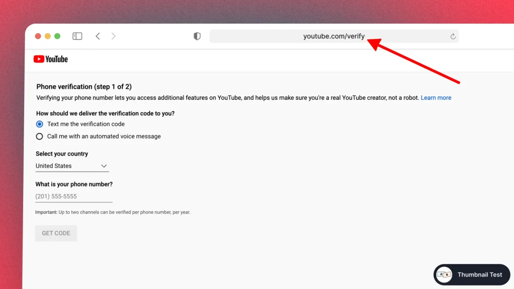 Showing the YouTube.com/verify web page