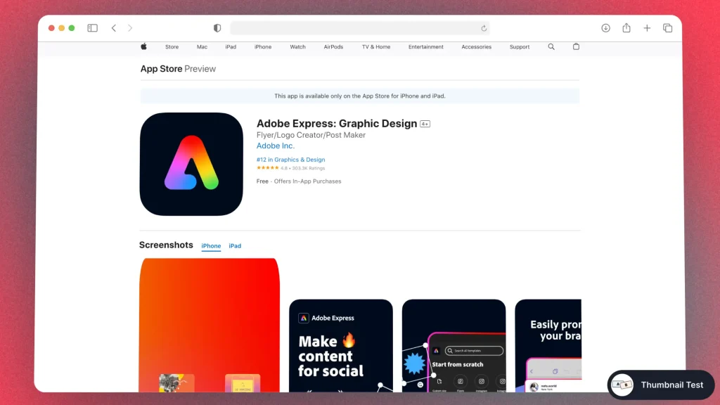 Screenshot of Adobe Express on the Apple App Store (on Desktop)