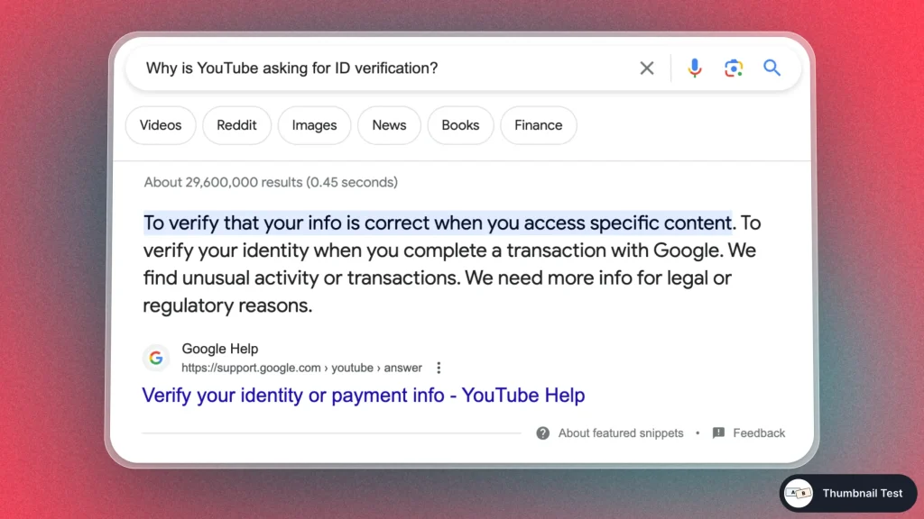 Google SERP Pag efor query: "Why is YouTube asking for ID verification?"
