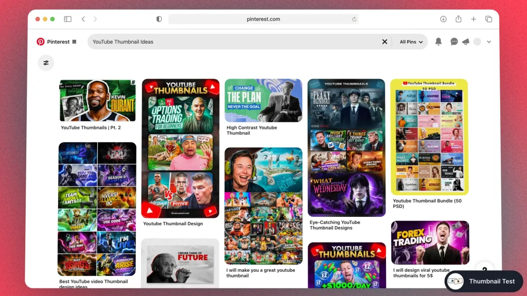 Searching for YouTube Thumbnail Ideas on Pinterest