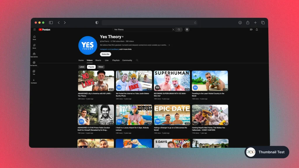 Yes Theory on YouTube - Popular Uploads (Feb. 2024)