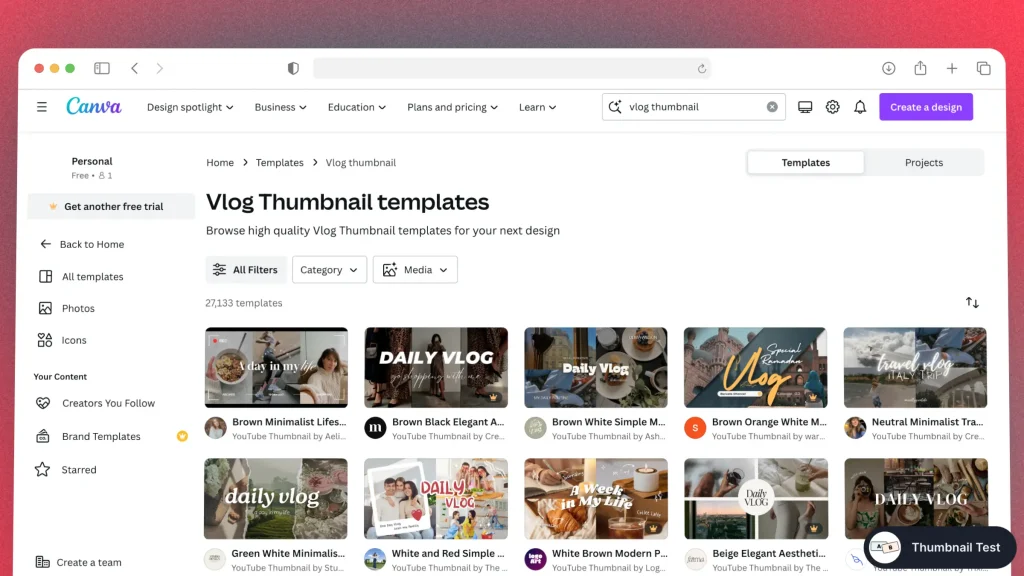 Looking up YouTube Thumbnail Templates on Canva