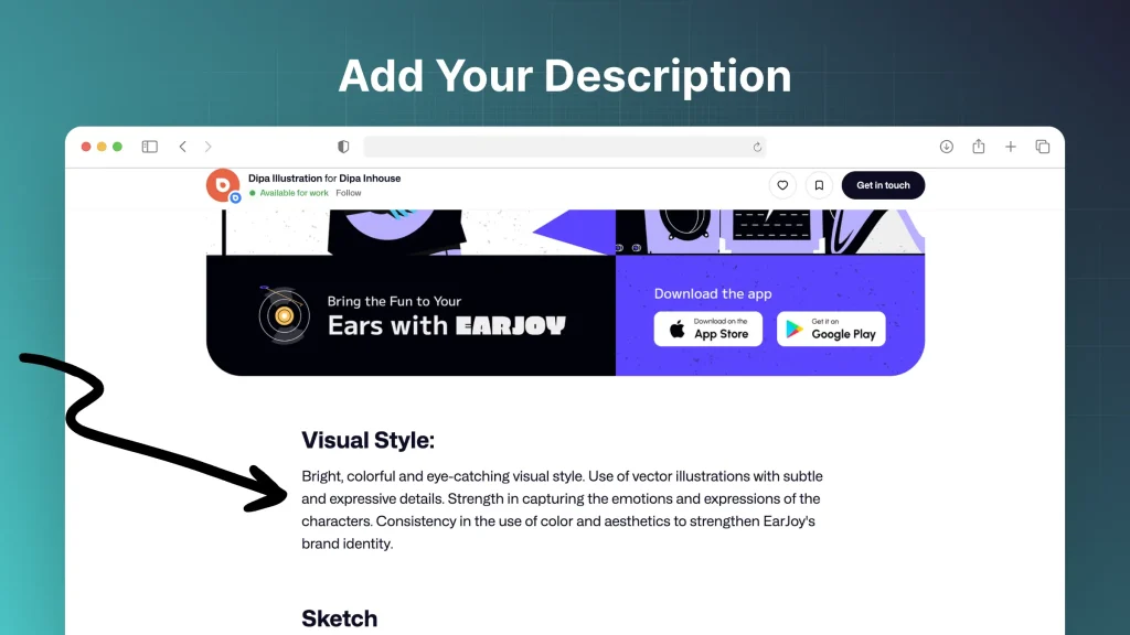 Highlighting where to add a description to a shot on Dribbble