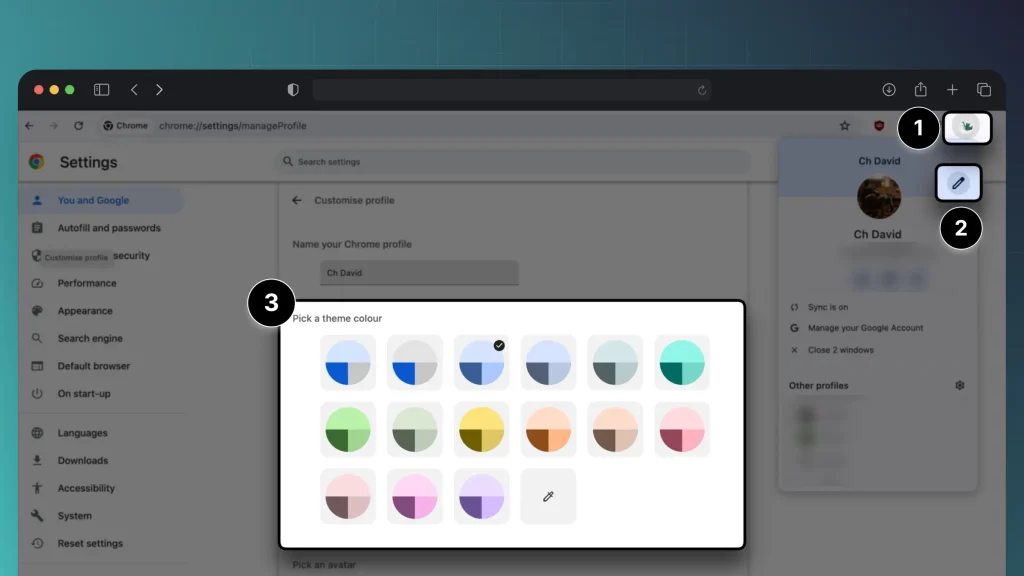 Highlighting how to change themes in Chrome