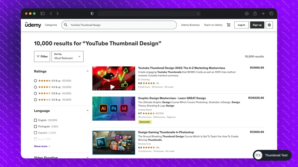 Browsing YouTube thumbnail design courses on Udemy